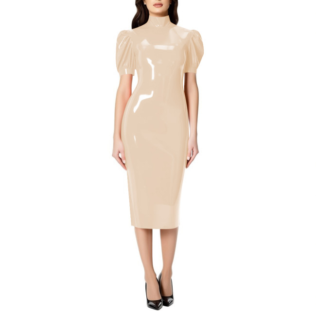 Fashion Chic PVC Glossy Leather Knee-length Dresses for Womens Sexy Nightclub Party Short Sleeve Gown Full Zipper Back Dresses