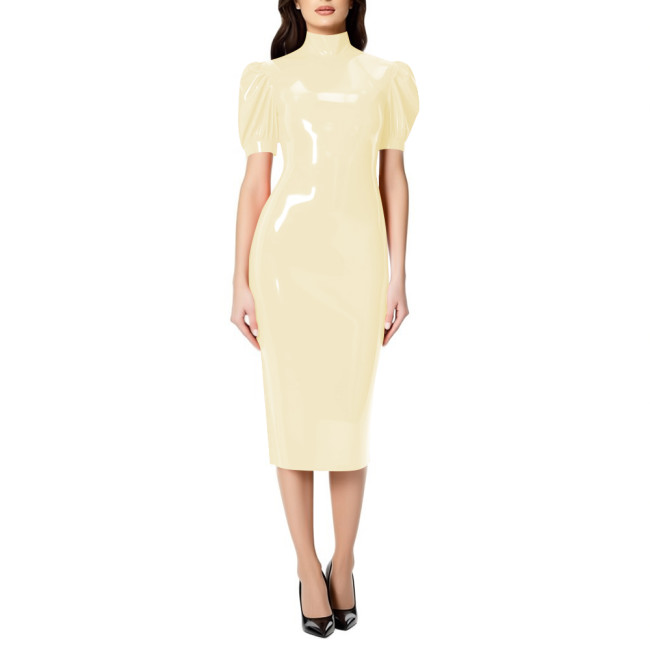 Fashion Chic PVC Glossy Leather Knee-length Dresses for Womens Sexy Nightclub Party Short Sleeve Gown Full Zipper Back Dresses