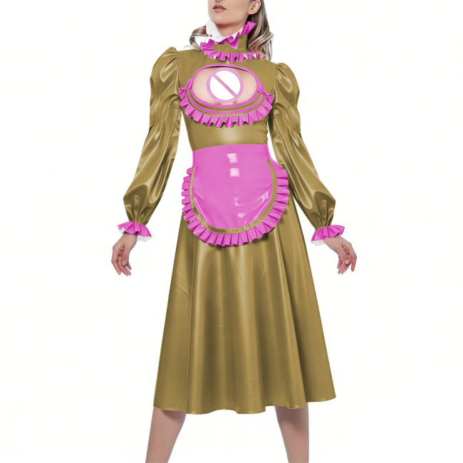 Shiny Sexy Hollow Party Maid Prom Dresses Bow Ruffles High Collar Long Sleeves Cosplay Maid Dress with Apron Maid Uniform Gown