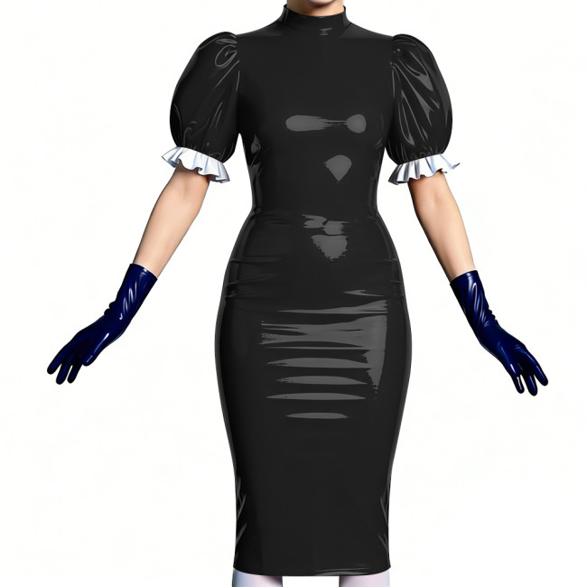 Women's Vinyl PVC Leather Bodycon Dress Shiny Patent Leather Puff Sleeve Midi Dress Party Sexy Slim-Fit Evening Dress No Gloves