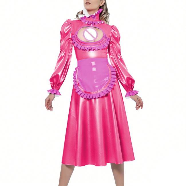 Shiny Sexy Hollow Party Maid Prom Dresses Bow Ruffles High Collar Long Sleeves Cosplay Maid Dress with Apron Maid Uniform Gown