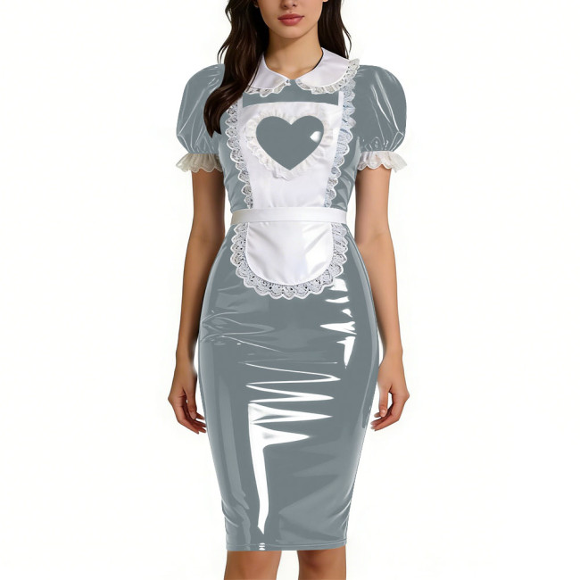 Womens Sweet Heart Apron Slim Maid Dresses Short Sleeve PVC Shiny Leather Lace Trim Servant Dress Sets Party Rolepaly Outfits