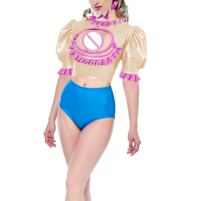 Womens Hollow Out Hot Sexy Crop Top Vinyl PVC Leather Puff Short Sleeve Blouse Exotic Ruffles Open Chest Tops Night Club Wear