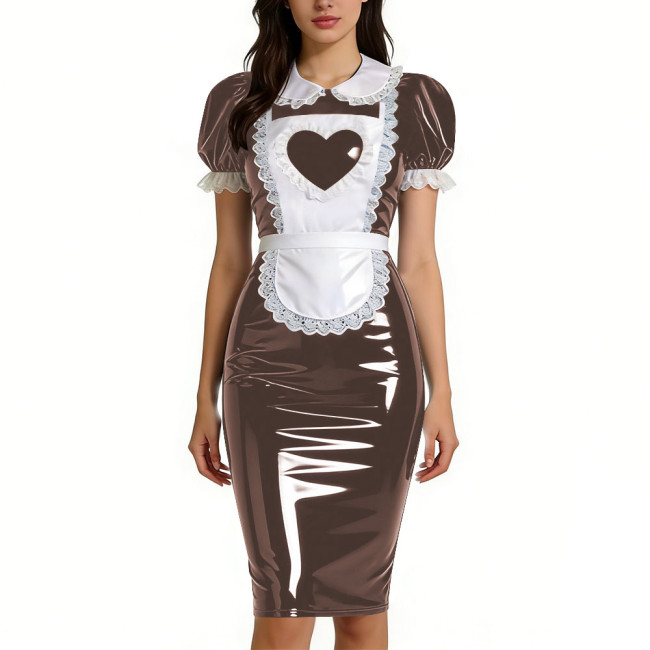 Womens Sweet Heart Apron Slim Maid Dresses Short Sleeve PVC Shiny Leather Lace Trim Servant Dress Sets Party Rolepaly Outfits