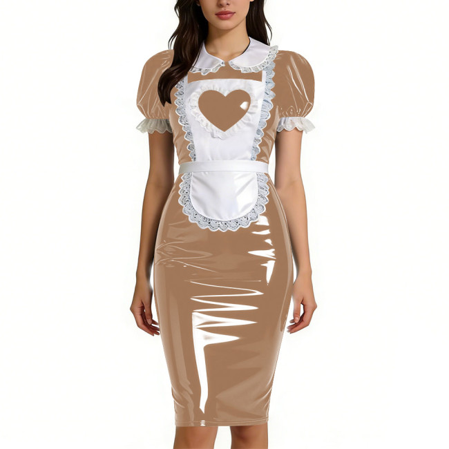 Womens Sweet Heart Apron Slim Maid Dresses Short Sleeve PVC Shiny Leather Lace Trim Servant Dress Sets Party Rolepaly Outfits