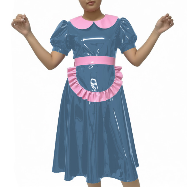 Shiny Party Midi French Maid Dress Sets Glossy PVC Leather Peter Pan Collar Sweet A-line Dress with Apron Sissy Maid Uniforms