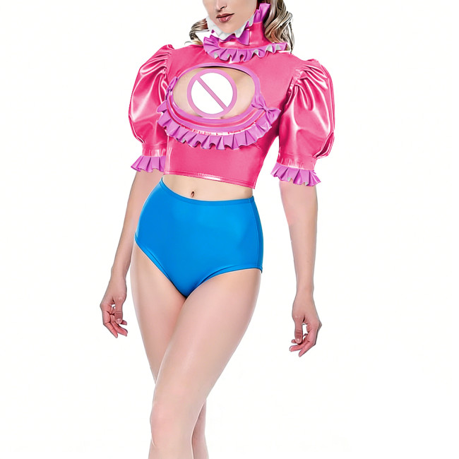 Womens Hollow Out Hot Sexy Crop Top Vinyl PVC Leather Puff Short Sleeve Blouse Exotic Ruffles Open Chest Tops Night Club Wear