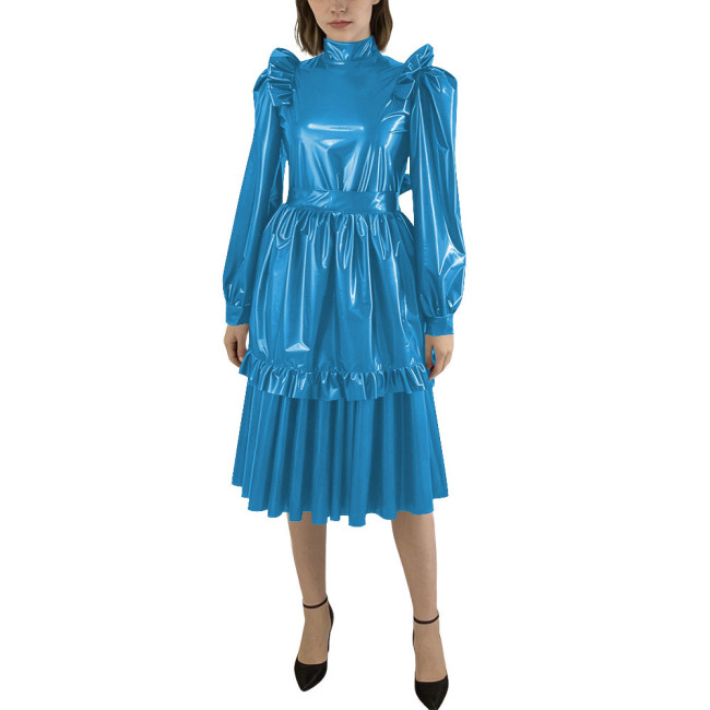 Puff Sleeve Shiny PVC Leather Midi Pleated Dress with Apron Sissy Maid Uniforms for Theme Party Maid Servant Cosplay Costume