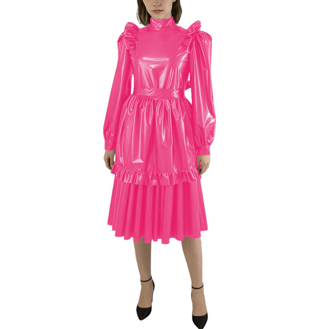 Puff Sleeve Shiny PVC Leather Midi Pleated Dress with Apron Sissy Maid Uniforms for Theme Party Maid Servant Cosplay Costume