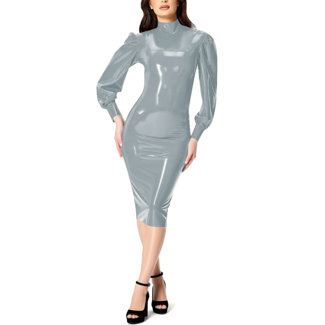 Elegant Glossy Leather PVC Midi Dress for Women's Full Zipper Back High Neck Shinny Dress Office Lady Puff Long Sleeve Dresses