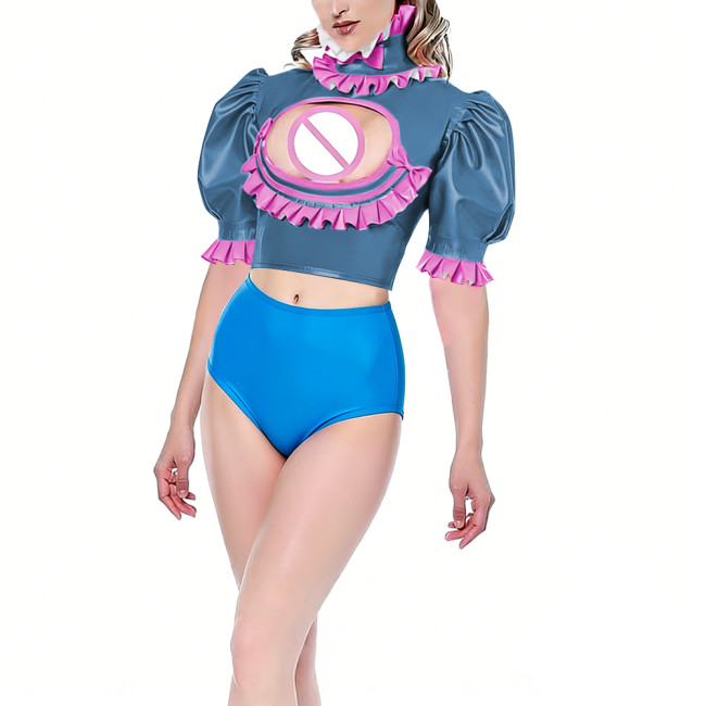 Womens Hollow Out Hot Sexy Crop Top Vinyl PVC Leather Puff Short Sleeve Blouse Exotic Ruffles Open Chest Tops Night Club Wear
