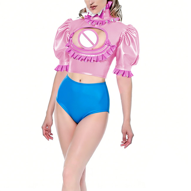 Womens Hollow Out Hot Sexy Crop Top Vinyl PVC Leather Puff Short Sleeve Blouse Exotic Ruffles Open Chest Tops Night Club Wear
