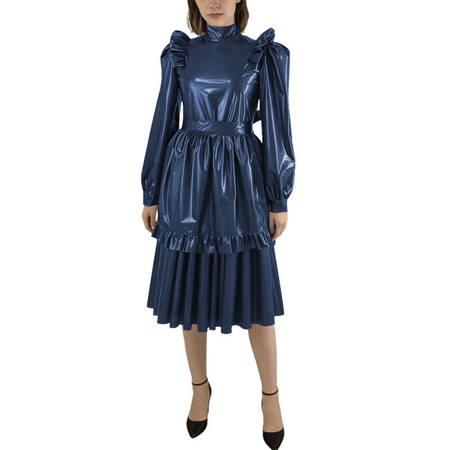 Puff Sleeve Shiny PVC Leather Midi Pleated Dress with Apron Sissy Maid Uniforms for Theme Party Maid Servant Cosplay Costume