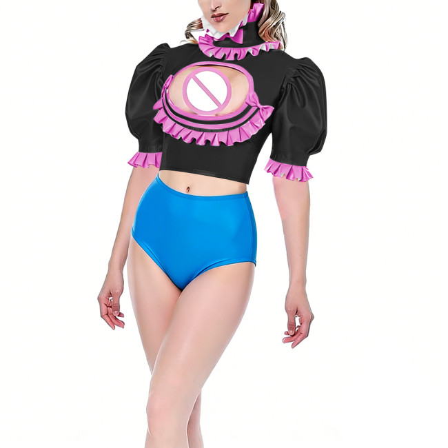 Womens Hollow Out Hot Sexy Crop Top Vinyl PVC Leather Puff Short Sleeve Blouse Exotic Ruffles Open Chest Tops Night Club Wear
