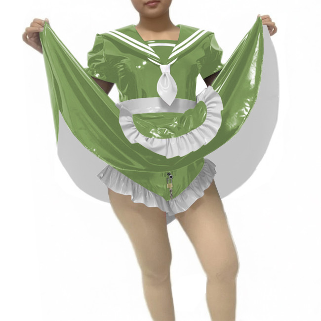 Sissy Lockable Preppy Style Sailor Collar Skirted Bodysuit Short Sleeve Party Cosplay PVC Maid Dress with Apron Roleplay Outfit
