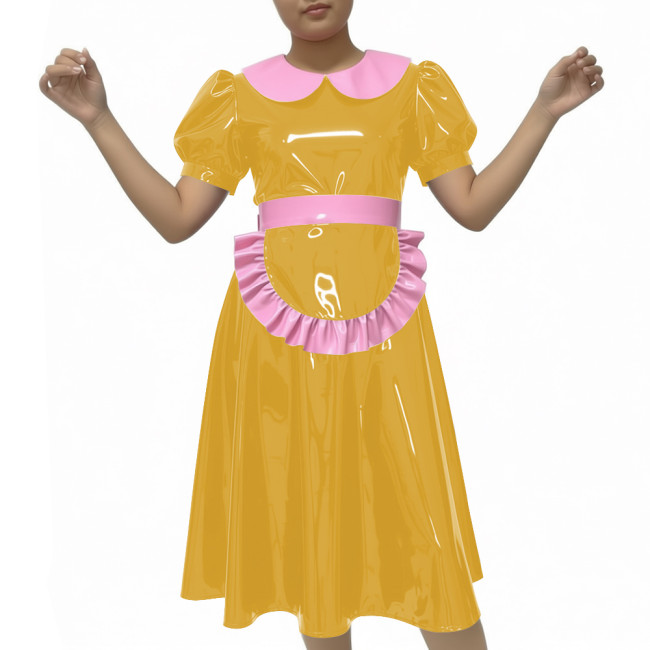 Shiny Party Midi French Maid Dress Sets Glossy PVC Leather Peter Pan Collar Sweet A-line Dress with Apron Sissy Maid Uniforms