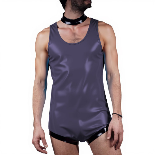 Men Undershirts Leotard Glossy Sleeveless Tank Bodysuit Sexy One-Piece Wetlook PVC Leather Vest Rompers Male Club Party Lingerie