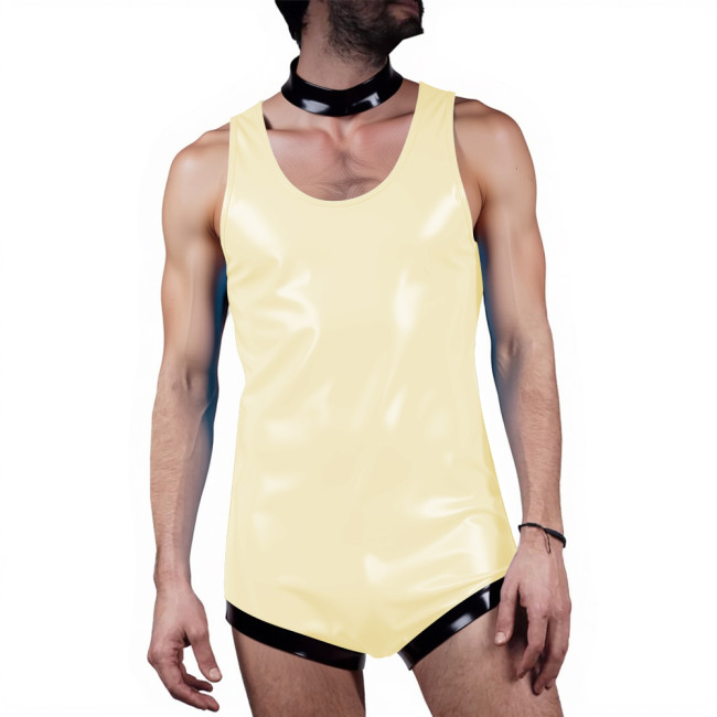 Men Undershirts Leotard Glossy Sleeveless Tank Bodysuit Sexy One-Piece Wetlook PVC Leather Vest Rompers Male Club Party Lingerie