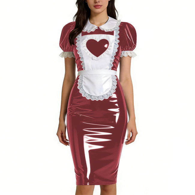 Womens Sweet Heart Apron Slim Maid Dresses Short Sleeve PVC Shiny Leather Lace Trim Servant Dress Sets Party Rolepaly Outfits