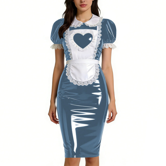 Womens Sweet Heart Apron Slim Maid Dresses Short Sleeve PVC Shiny Leather Lace Trim Servant Dress Sets Party Rolepaly Outfits