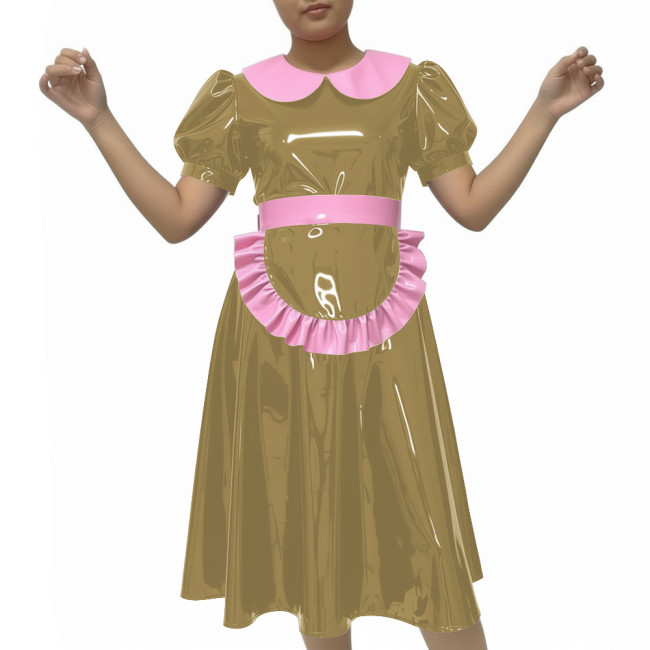 Shiny Party Midi French Maid Dress Sets Glossy PVC Leather Peter Pan Collar Sweet A-line Dress with Apron Sissy Maid Uniforms