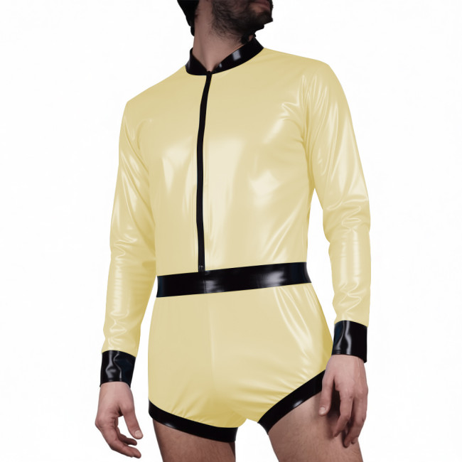 Men's Glossy PVC Leather Long-Sleeve Bodysuit with Black Trim Club Zipper Front Sexy Rompers Roleplay Outfit Male Party Leotard