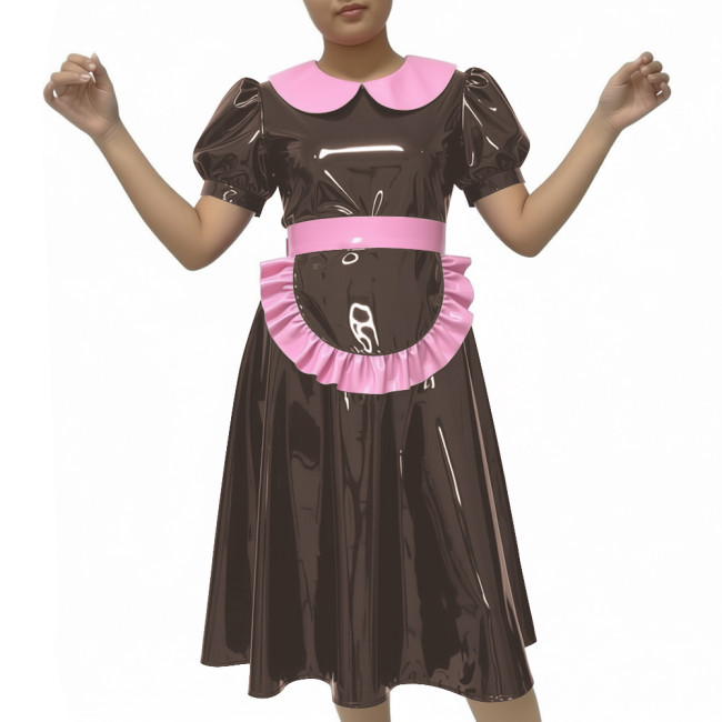 Shiny Party Midi French Maid Dress Sets Glossy PVC Leather Peter Pan Collar Sweet A-line Dress with Apron Sissy Maid Uniforms