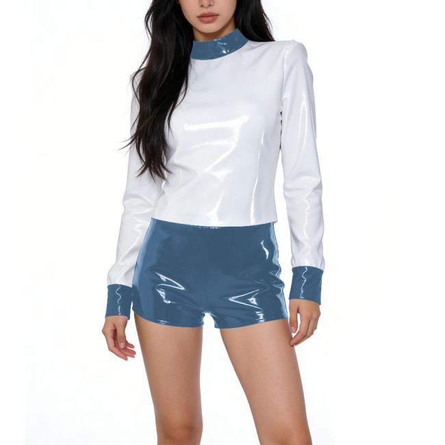 Vinyl PVC Leather Womens Shiny 2-Piece Outfit Long-Sleeve Mock Neck Top and High-Waisted Shorts Set Female Club Party Costume