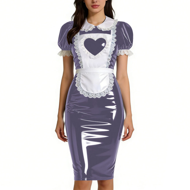 Womens Sweet Heart Apron Slim Maid Dresses Short Sleeve PVC Shiny Leather Lace Trim Servant Dress Sets Party Rolepaly Outfits