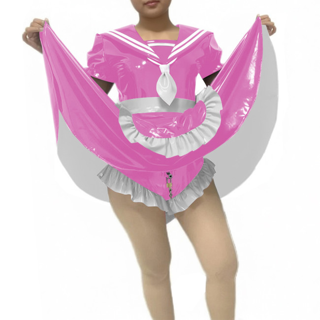 Sissy Lockable Preppy Style Sailor Collar Skirted Bodysuit Short Sleeve Party Cosplay PVC Maid Dress with Apron Roleplay Outfit