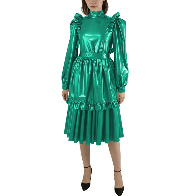 Puff Sleeve Shiny PVC Leather Midi Pleated Dress with Apron Sissy Maid Uniforms for Theme Party Maid Servant Cosplay Costume