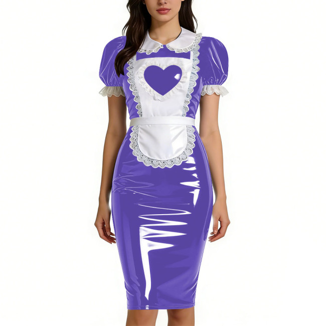 Womens Sweet Heart Apron Slim Maid Dresses Short Sleeve PVC Shiny Leather Lace Trim Servant Dress Sets Party Rolepaly Outfits