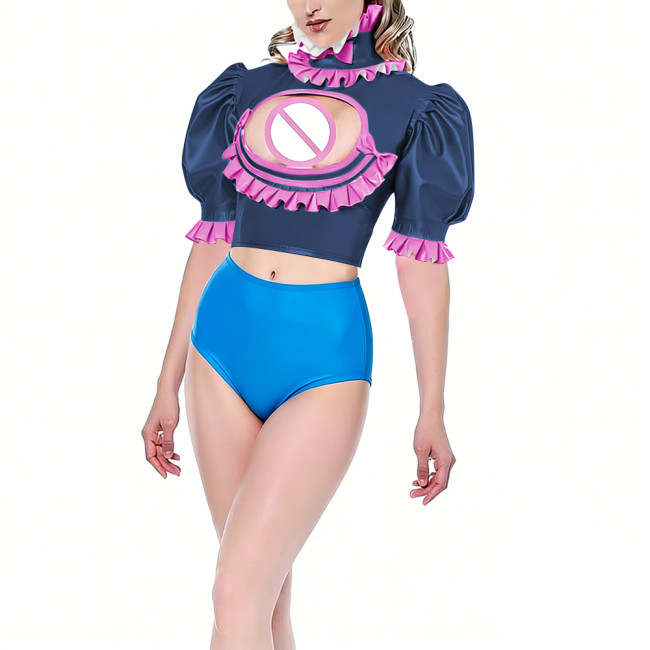 Womens Hollow Out Hot Sexy Crop Top Vinyl PVC Leather Puff Short Sleeve Blouse Exotic Ruffles Open Chest Tops Night Club Wear