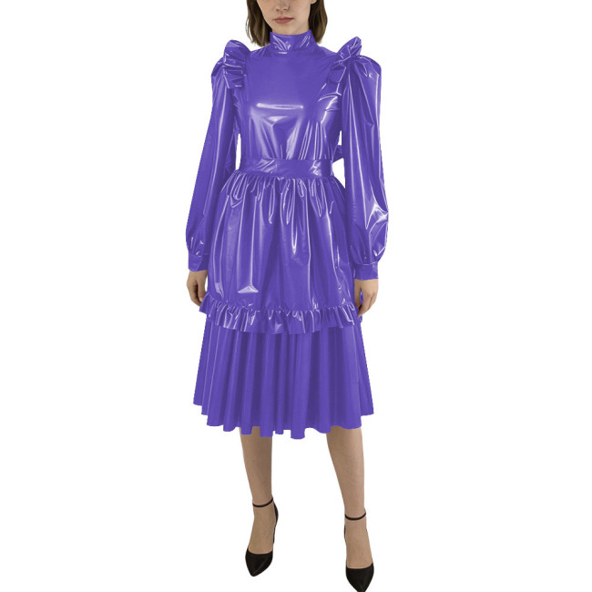Puff Sleeve Shiny PVC Leather Midi Pleated Dress with Apron Sissy Maid Uniforms for Theme Party Maid Servant Cosplay Costume