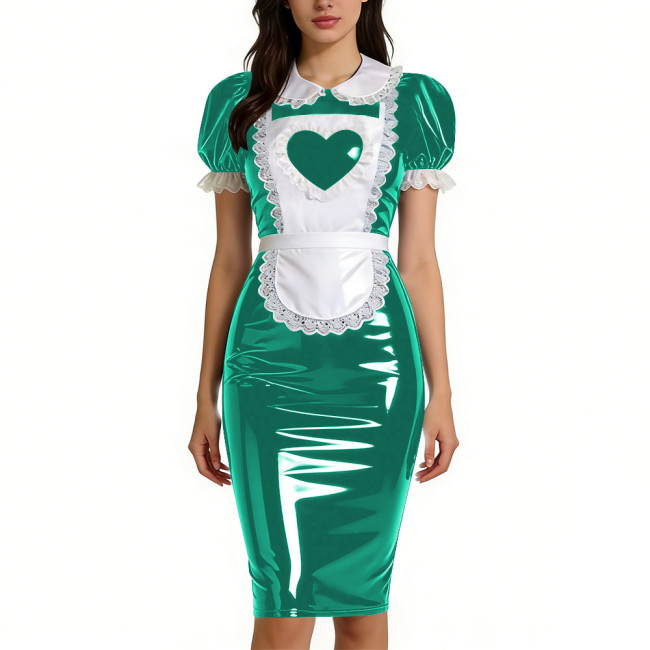 Womens Sweet Heart Apron Slim Maid Dresses Short Sleeve PVC Shiny Leather Lace Trim Servant Dress Sets Party Rolepaly Outfits