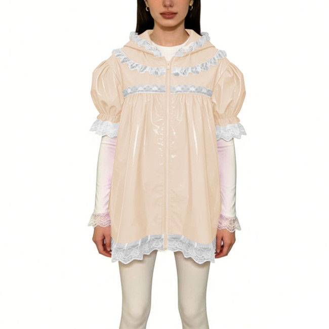 Womens Shiny Lace Trim Short Sleeve PVC Coat Vinyl Patent Leather Princess Style Hooded Jacket Coat Zipper Front Tops Streetwear