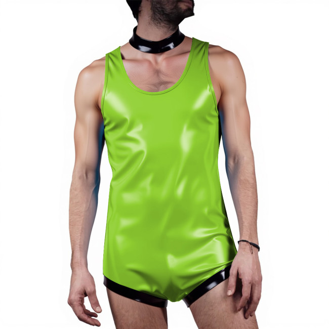 Men Undershirts Leotard Glossy Sleeveless Tank Bodysuit Sexy One-Piece Wetlook PVC Leather Vest Rompers Male Club Party Lingerie