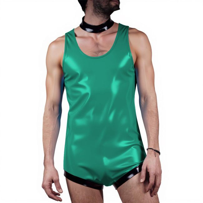 Men Undershirts Leotard Glossy Sleeveless Tank Bodysuit Sexy One-Piece Wetlook PVC Leather Vest Rompers Male Club Party Lingerie