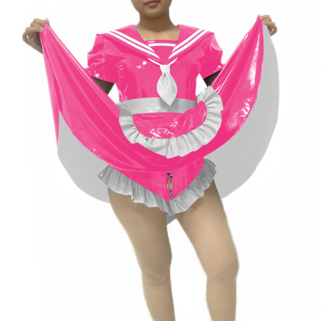 Sissy Lockable Preppy Style Sailor Collar Skirted Bodysuit Short Sleeve Party Cosplay PVC Maid Dress with Apron Roleplay Outfit