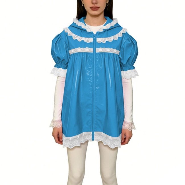 Womens Shiny Lace Trim Short Sleeve PVC Coat Vinyl Patent Leather Princess Style Hooded Jacket Coat Zipper Front Tops Streetwear