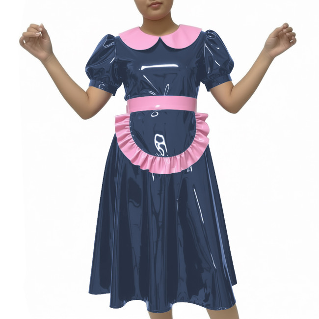 Shiny Party Midi French Maid Dress Sets Glossy PVC Leather Peter Pan Collar Sweet A-line Dress with Apron Sissy Maid Uniforms