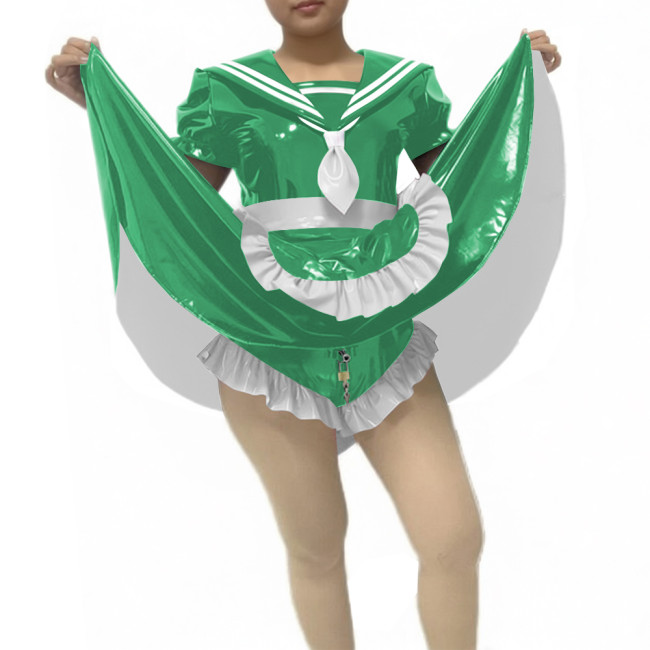 Sissy Lockable Preppy Style Sailor Collar Skirted Bodysuit Short Sleeve Party Cosplay PVC Maid Dress with Apron Roleplay Outfit