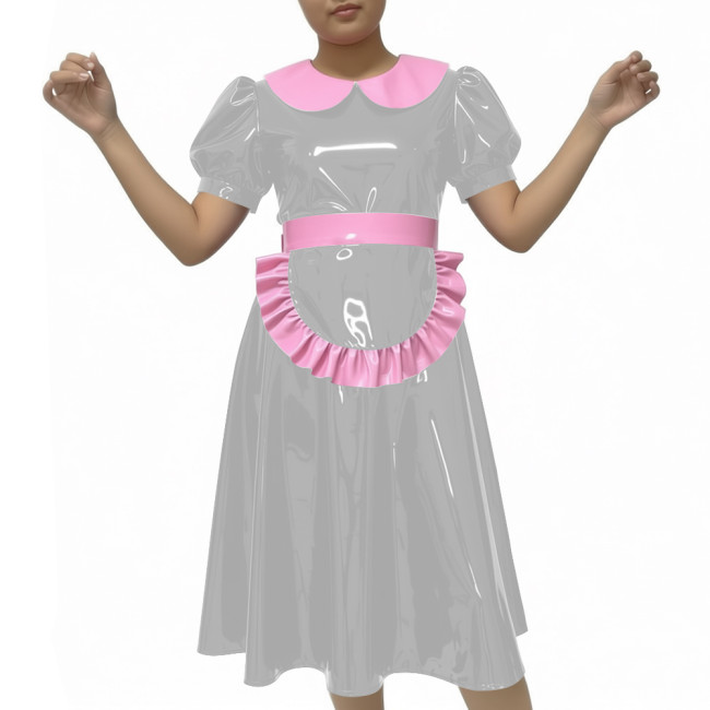 Shiny Party Midi French Maid Dress Sets Glossy PVC Leather Peter Pan Collar Sweet A-line Dress with Apron Sissy Maid Uniforms