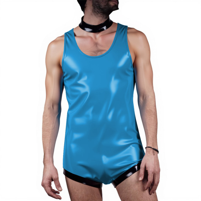Men Undershirts Leotard Glossy Sleeveless Tank Bodysuit Sexy One-Piece Wetlook PVC Leather Vest Rompers Male Club Party Lingerie