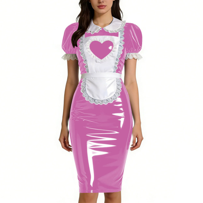 Womens Sweet Heart Apron Slim Maid Dresses Short Sleeve PVC Shiny Leather Lace Trim Servant Dress Sets Party Rolepaly Outfits