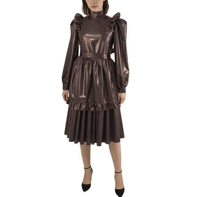 Puff Sleeve Shiny PVC Leather Midi Pleated Dress with Apron Sissy Maid Uniforms for Theme Party Maid Servant Cosplay Costume