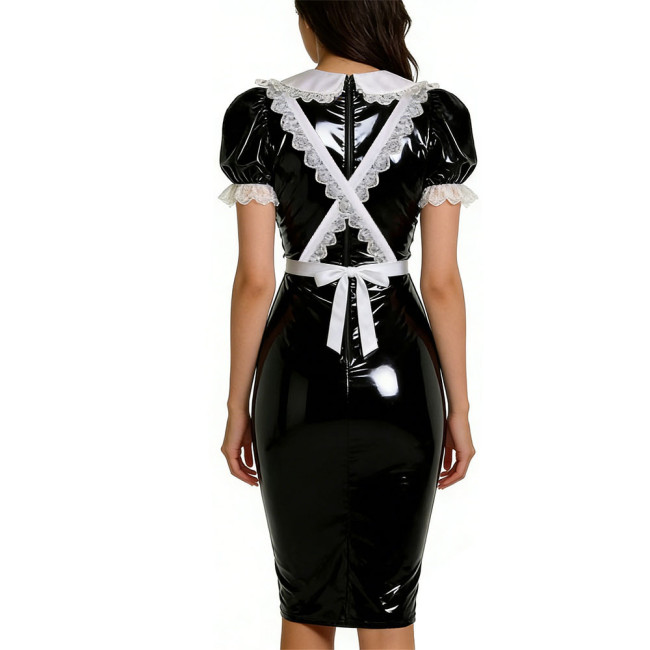Womens Sweet Heart Apron Slim Maid Dresses Short Sleeve PVC Shiny Leather Lace Trim Servant Dress Sets Party Rolepaly Outfits