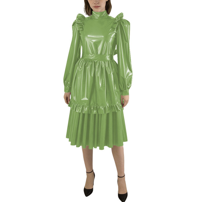 Puff Sleeve Shiny PVC Leather Midi Pleated Dress with Apron Sissy Maid Uniforms for Theme Party Maid Servant Cosplay Costume