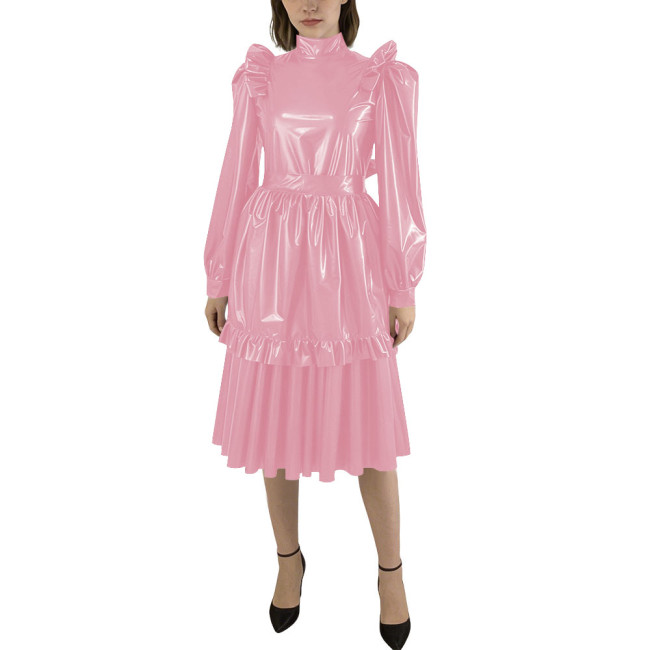 Puff Sleeve Shiny PVC Leather Midi Pleated Dress with Apron Sissy Maid Uniforms for Theme Party Maid Servant Cosplay Costume