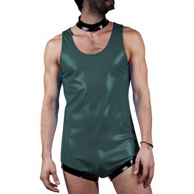 Men Undershirts Leotard Glossy Sleeveless Tank Bodysuit Sexy One-Piece Wetlook PVC Leather Vest Rompers Male Club Party Lingerie
